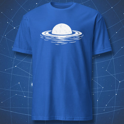 Floating Saturn minimalist science design on royal blue t-shirt