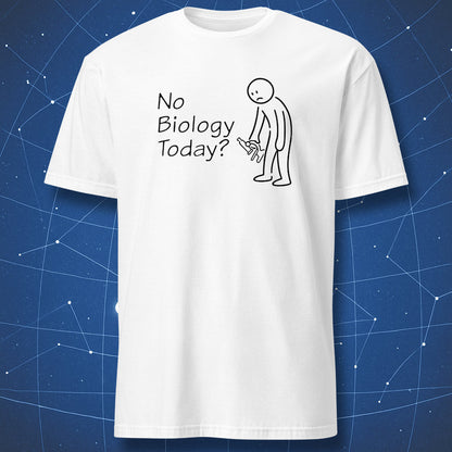 White t-shirt with 'No Biology Today?' text and stick figure on a blue geometric pattern background