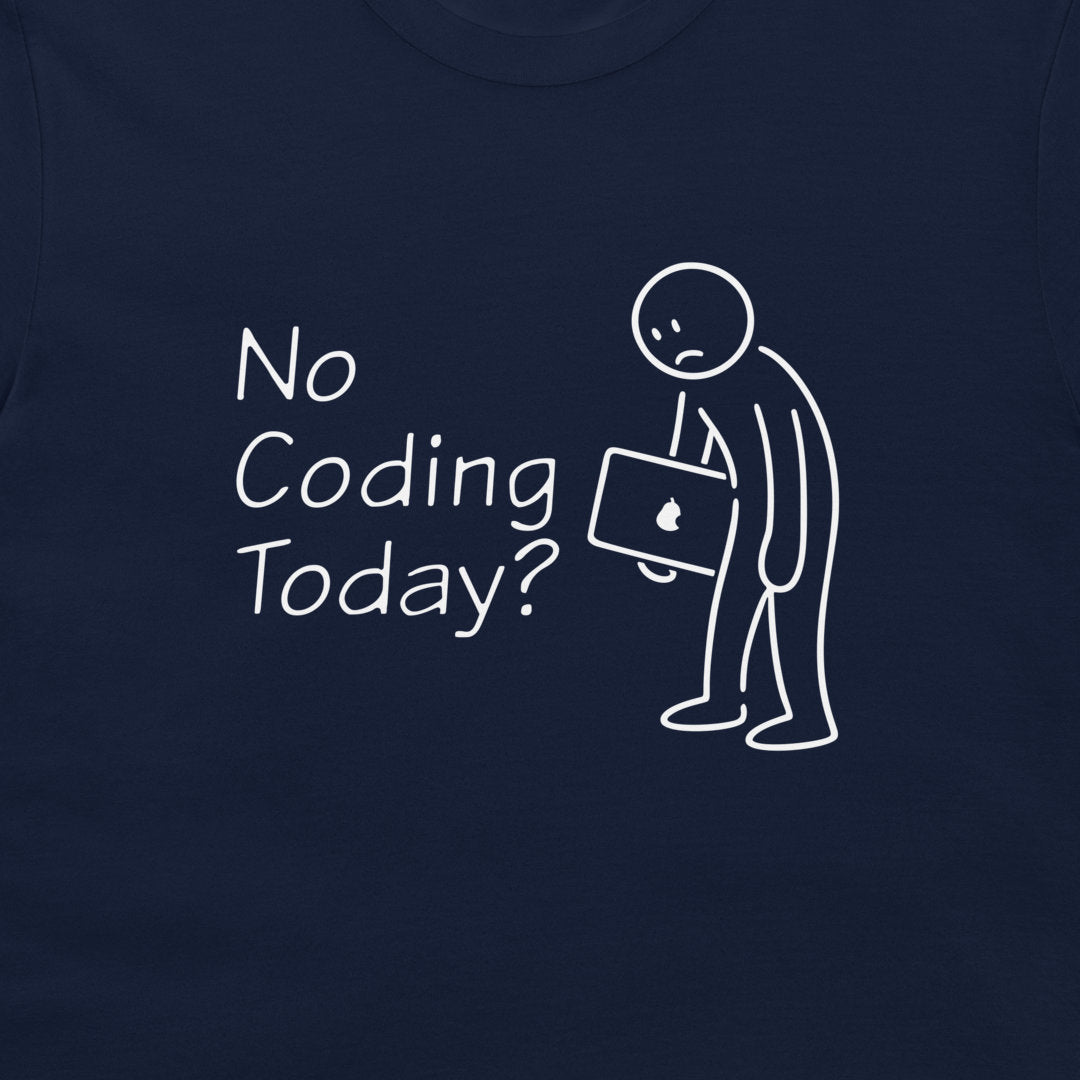 A close-up of a black t-shirt featuring a white graphic print that reads 'No Coding Today?' next to a simple stick figure holding a laptop with an Apple logo.