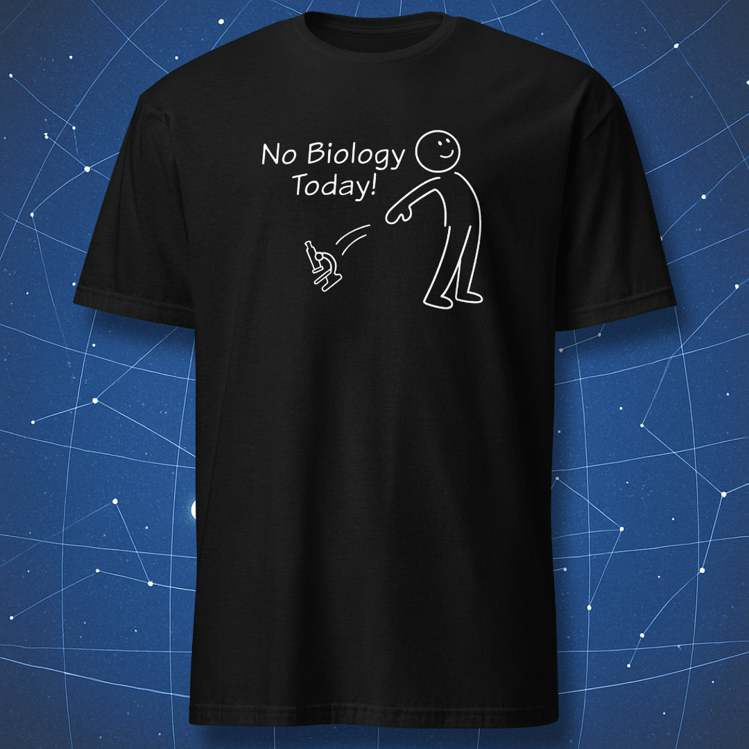Happy stick figure throwing a microscope with the text “No Biology Today” on a black t-shirt