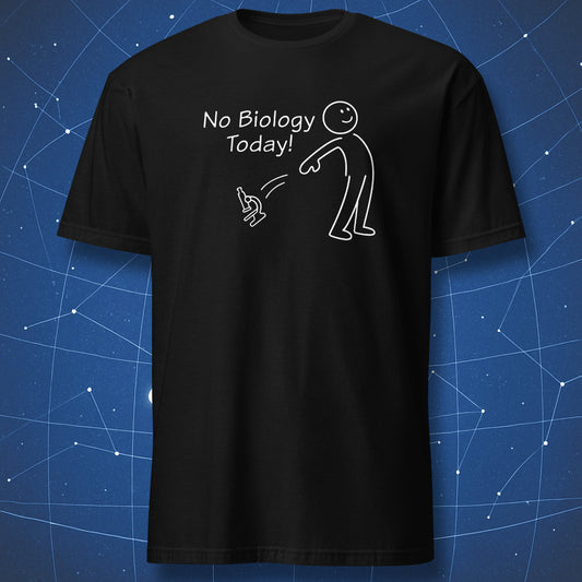 Happy stick figure throwing a microscope with the text “No Biology Today” on a black t-shirt