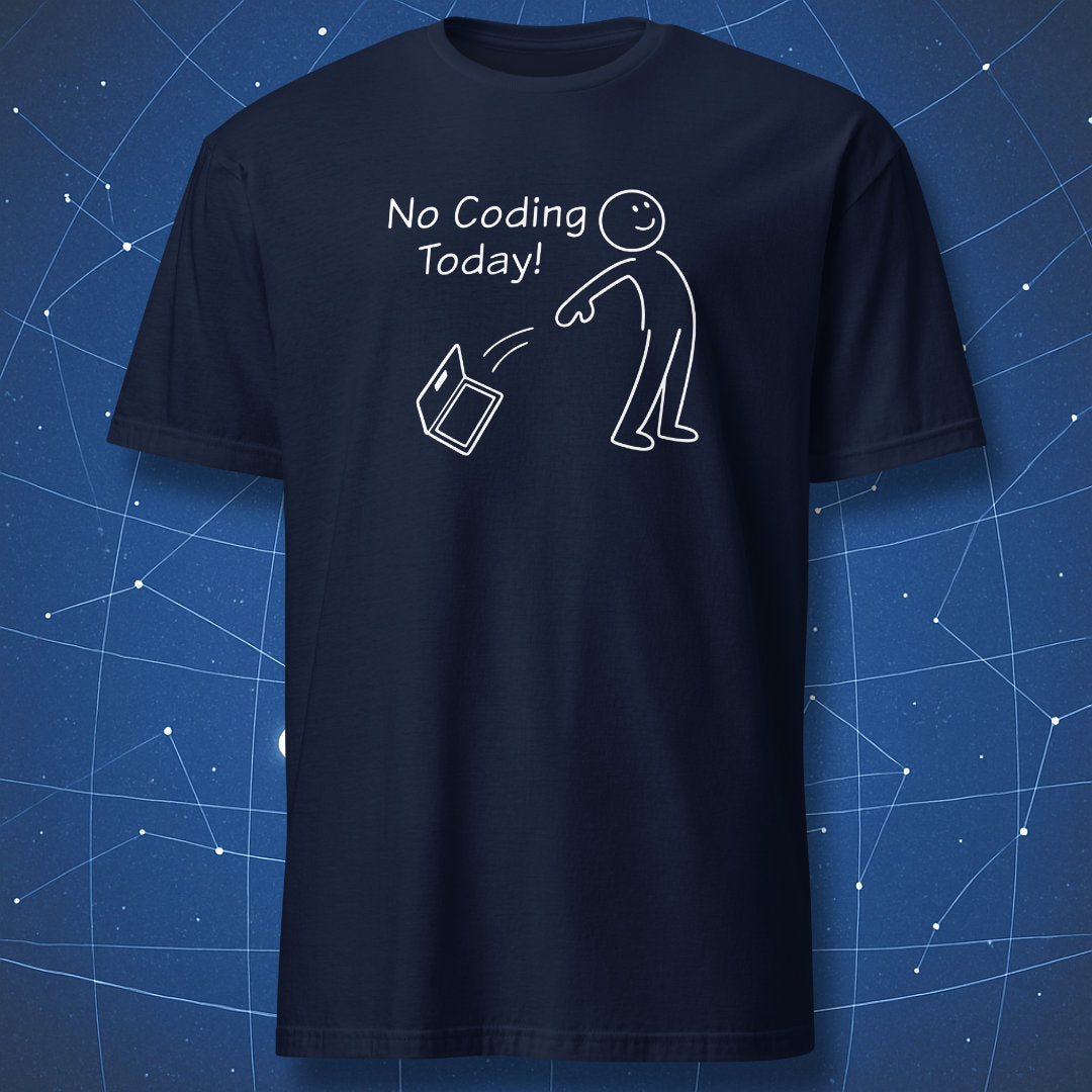 Navy blue programmer t-shirt with a minimalist stick figure tossing a laptop