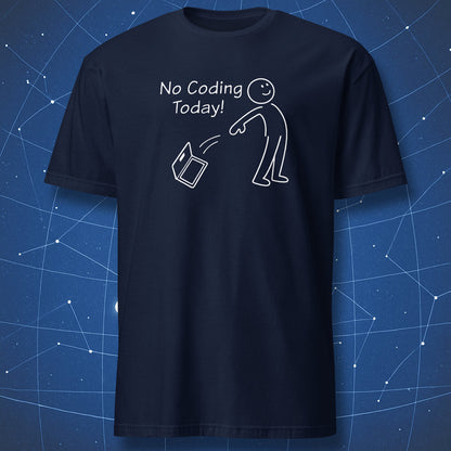 Navy blue programmer t-shirt with a minimalist stick figure tossing a laptop