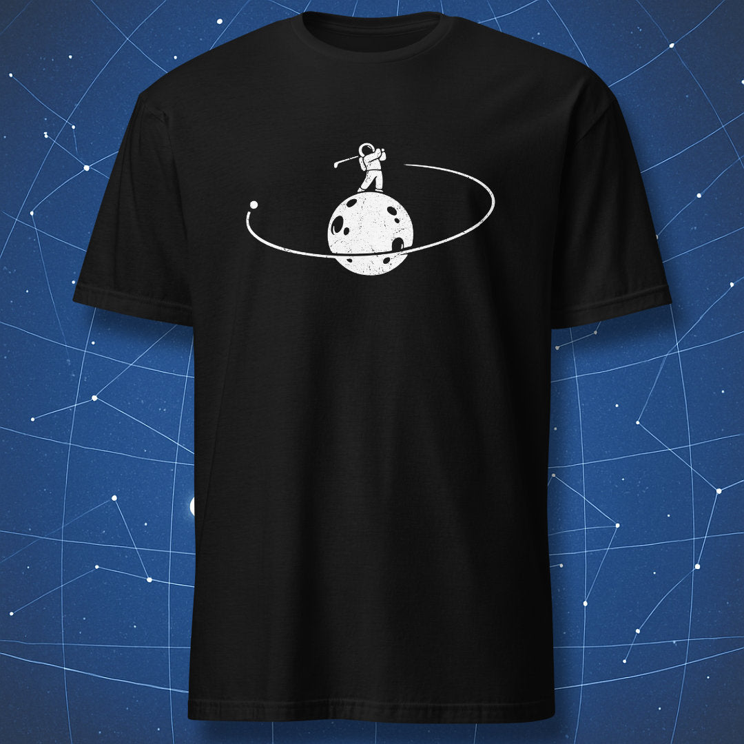 Astronaut playing golf on the Moon with ball in lunar orbit, minimalist white on black space design