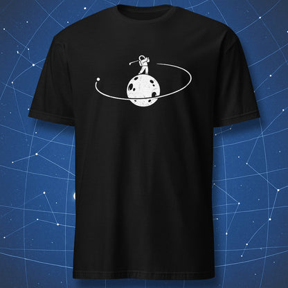 Astronaut playing golf on the Moon with ball in lunar orbit, minimalist white on black space design