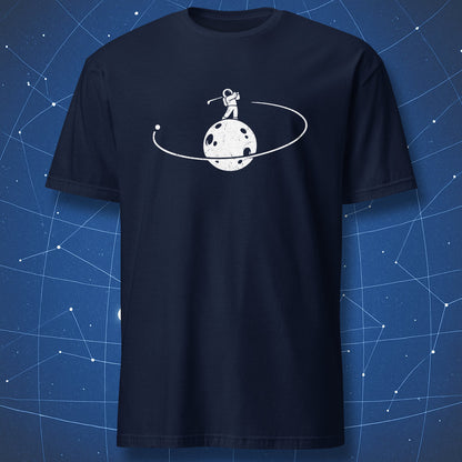 Funny space physics T-shirt showing astronaut hitting a golf ball around the Moon