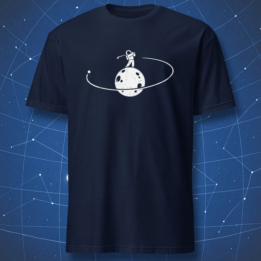 Funny space physics T-shirt showing astronaut hitting a golf ball around the Moon