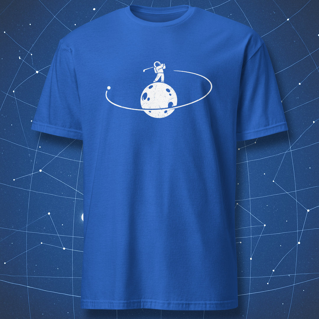 Minimalist moon and astronaut golf illustration with orbital trajectory