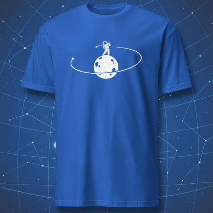 Minimalist moon and astronaut golf illustration with orbital trajectory