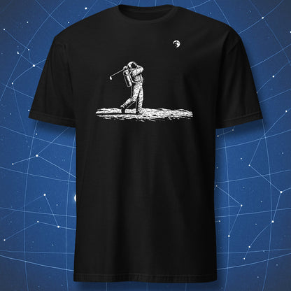 Black t-shirt with a white illustration of an astronaut playing golf on the Moon