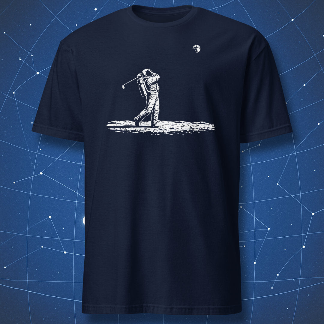 Navy blue t-shirt featuring a minimalist astronaut swinging a golf club on the lunar surface