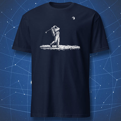 Navy blue t-shirt featuring a minimalist astronaut swinging a golf club on the lunar surface