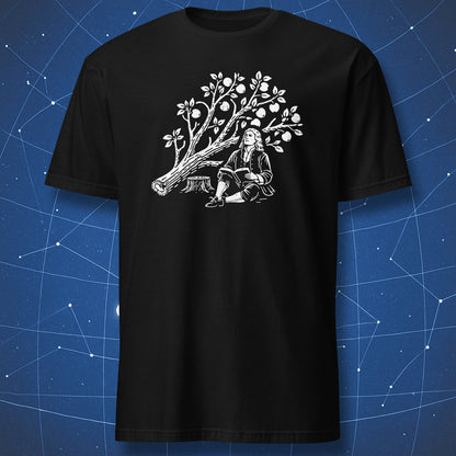 Isaac Newton under cut apple tree physics illustration t-shirt in black