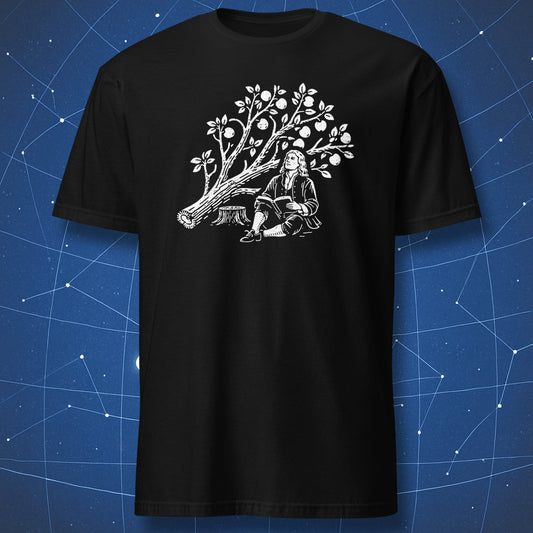 Isaac Newton under cut apple tree physics illustration t-shirt in black