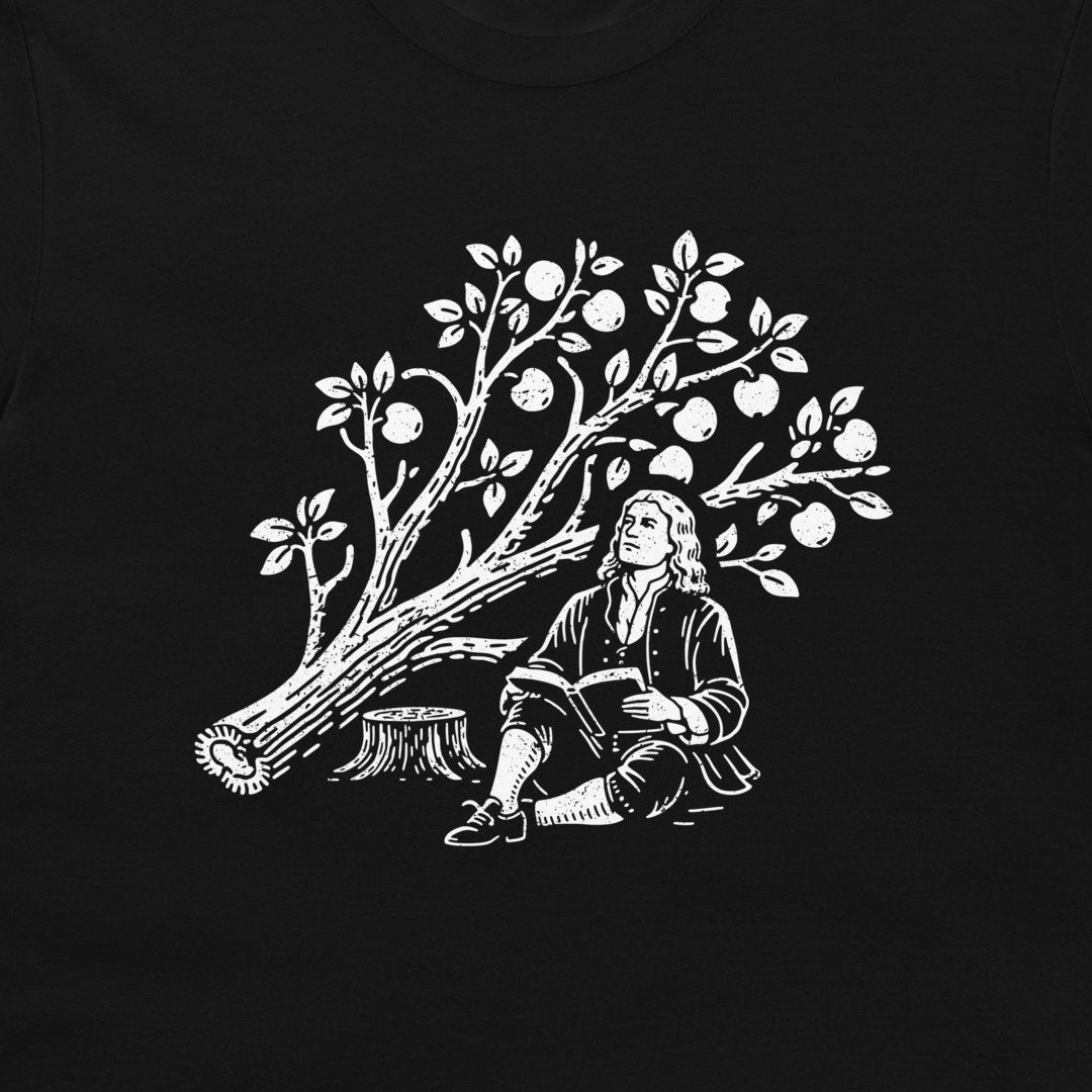 A black crewneck t-shirt featuring a white graphic print of a Isaac Newton sitting by the cut down apple tree.
