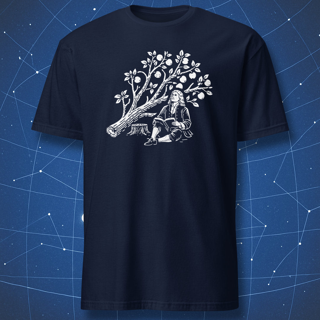 Isaac Newton gravity illustration science t-shirt in navy blue