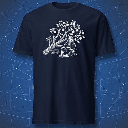 Isaac Newton gravity illustration science t-shirt in navy blue