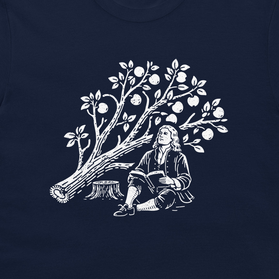 A navy blue t-shirt featuring a white graphic print of a Isaac Newton sitting by the cut down apple tree.