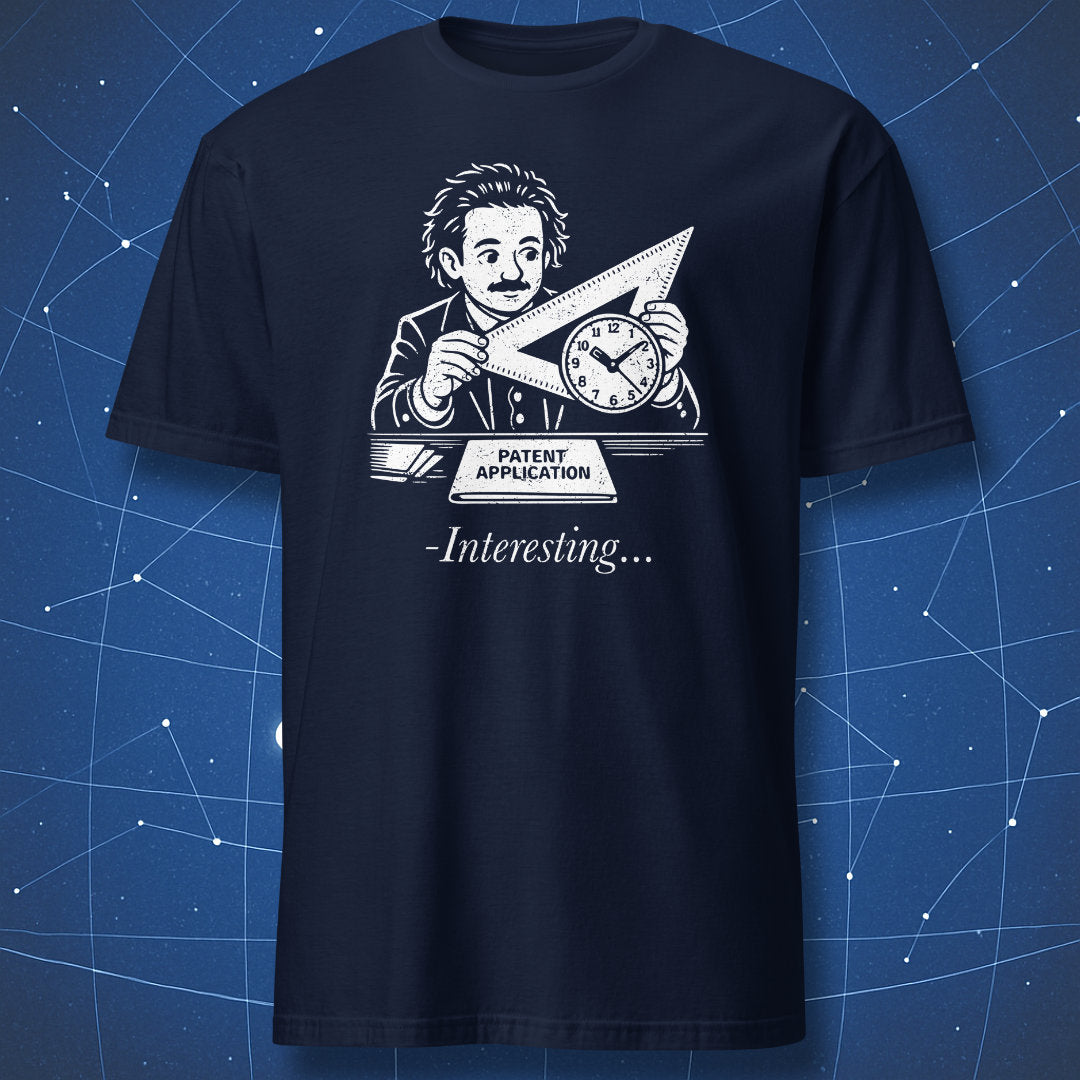 Albert Einstein science illustration t-shirt with patent office joke in navy blue