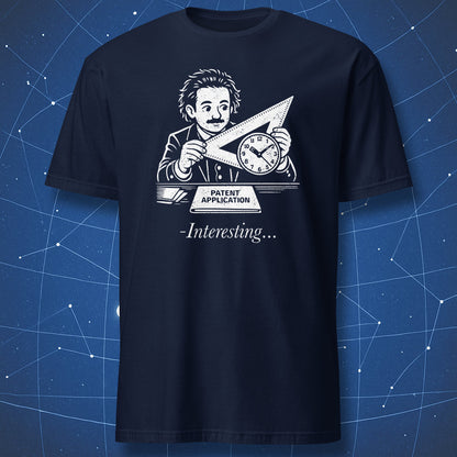 Albert Einstein science illustration t-shirt with patent office joke in navy blue