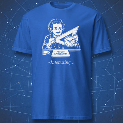 Albert Einstein physics humor t-shirt with clock and geometry illustration in blue