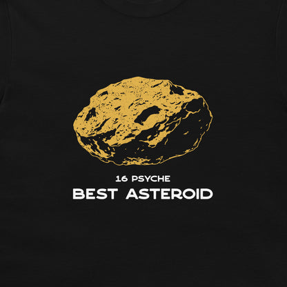 A black t-shirt featuring a graphic print of a gold-colored asteroid with the text '16 PSYCHE BEST ASTEROID' printed below it in white and gold.
