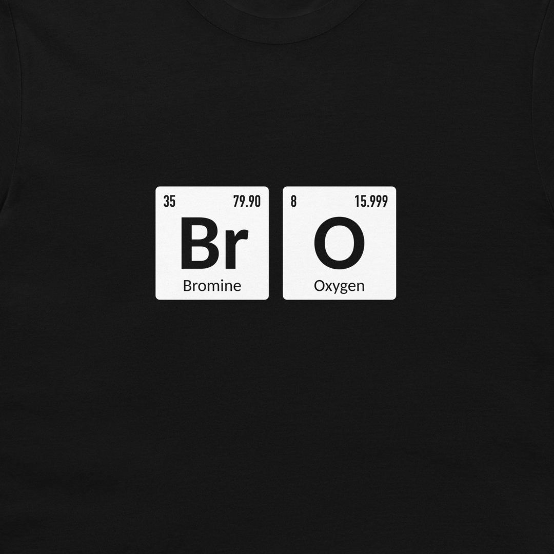 A close-up of a black t-shirt featuring a graphic print of two white periodic table tiles spelling out 'Bromine' and 'Oxygen' to form the word 'BRO'.