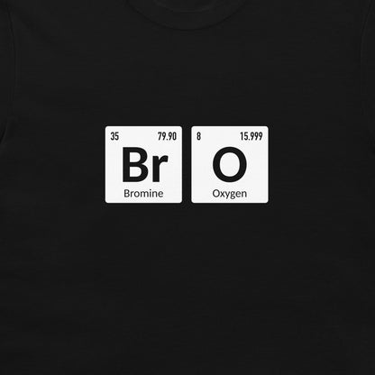 A close-up of a black t-shirt featuring a graphic print of two white periodic table tiles spelling out 'Bromine' and 'Oxygen' to form the word 'BRO'.