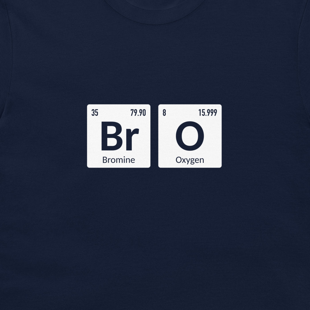 A close-up of a navy blue t-shirt, featuring a graphic print of two white periodic table tiles spelling out 'Bromine' and 'Oxygen'.