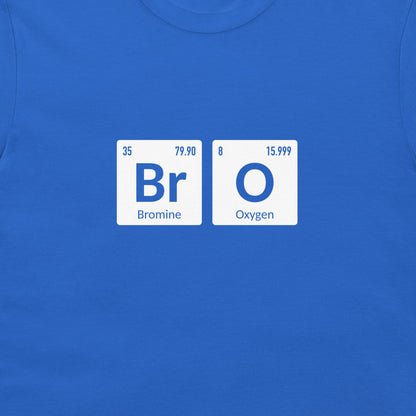 A close-up of a royal blue t-shirt featuring a graphic print of two white periodic table tiles spelling out 'Bromine' and 'Oxygen' to form the word 'BRO'.