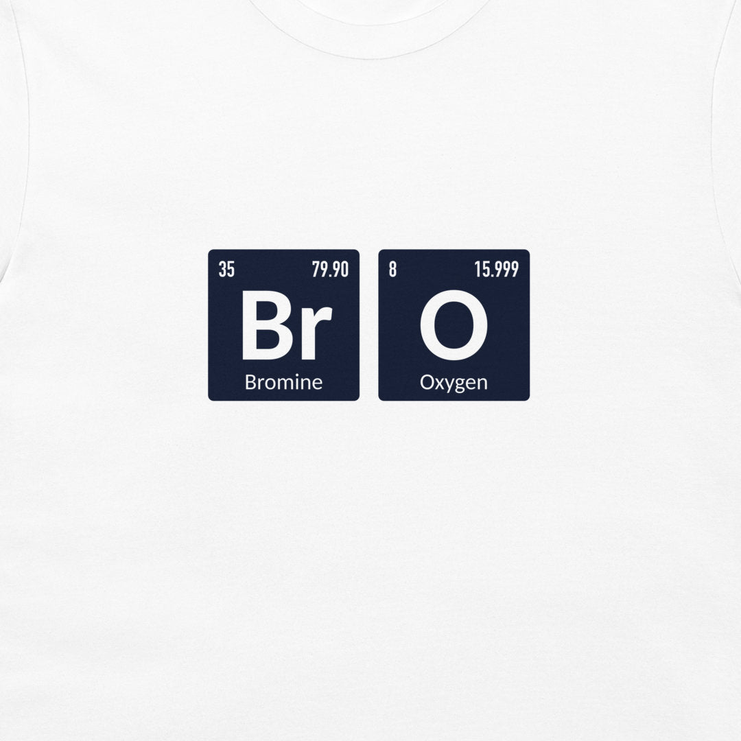 A close-up of a white t-shirt, featuring a graphic print of two navy blue periodic table tiles spelling out 'Bromine' and 'Oxygen'.