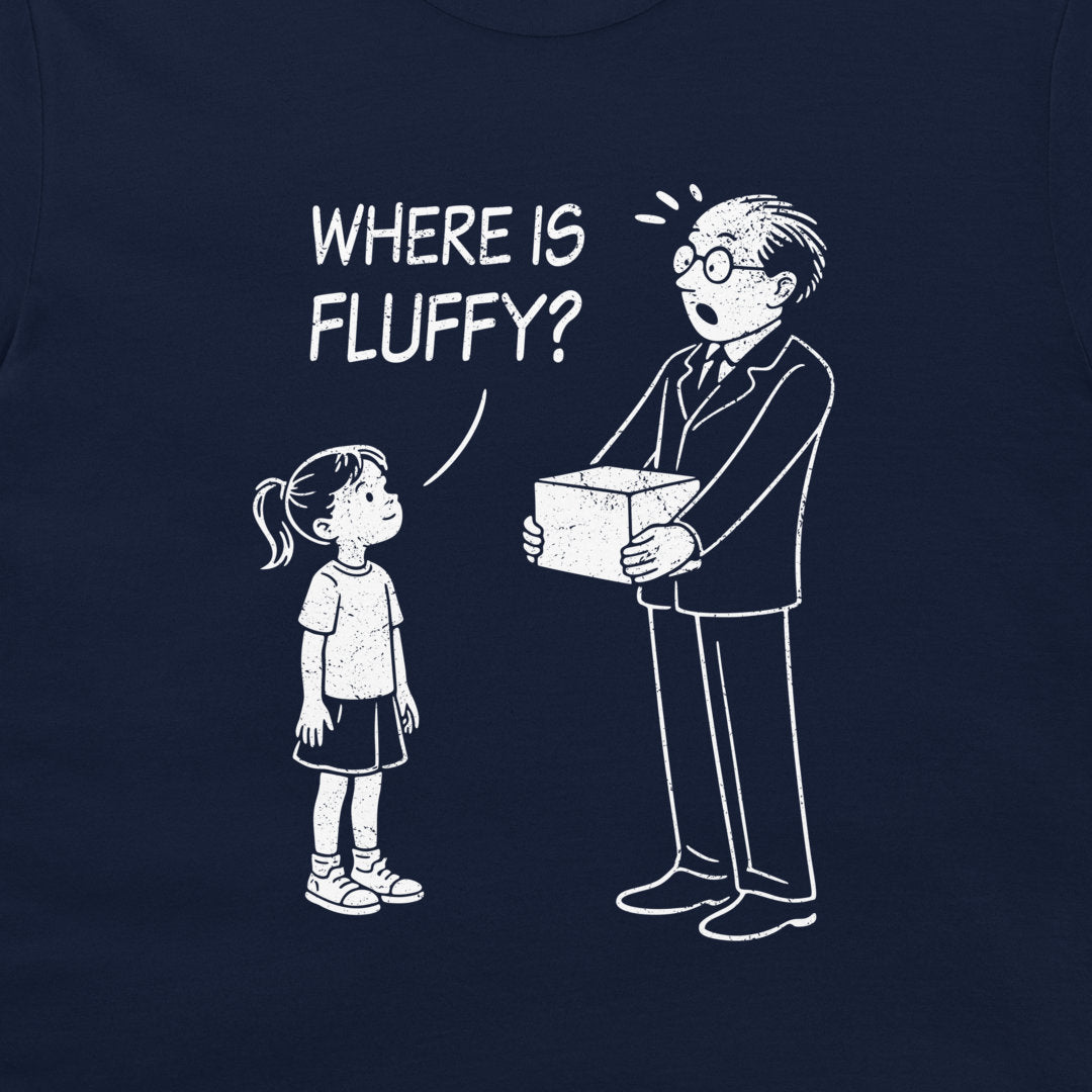 Close up view of a navy blue t-shirt featuring a minimalist cartoon of Schrödinger holding a box while a child asks “Where is Fluffy?”, a clever physics humor design.
