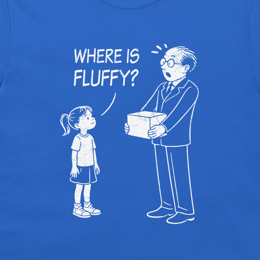 A close up view of a royal blue t-shirt featuring a minimalist cartoon of Schrödinger holding a box while a child asks “Where is Fluffy?”, a clever physics humor design.