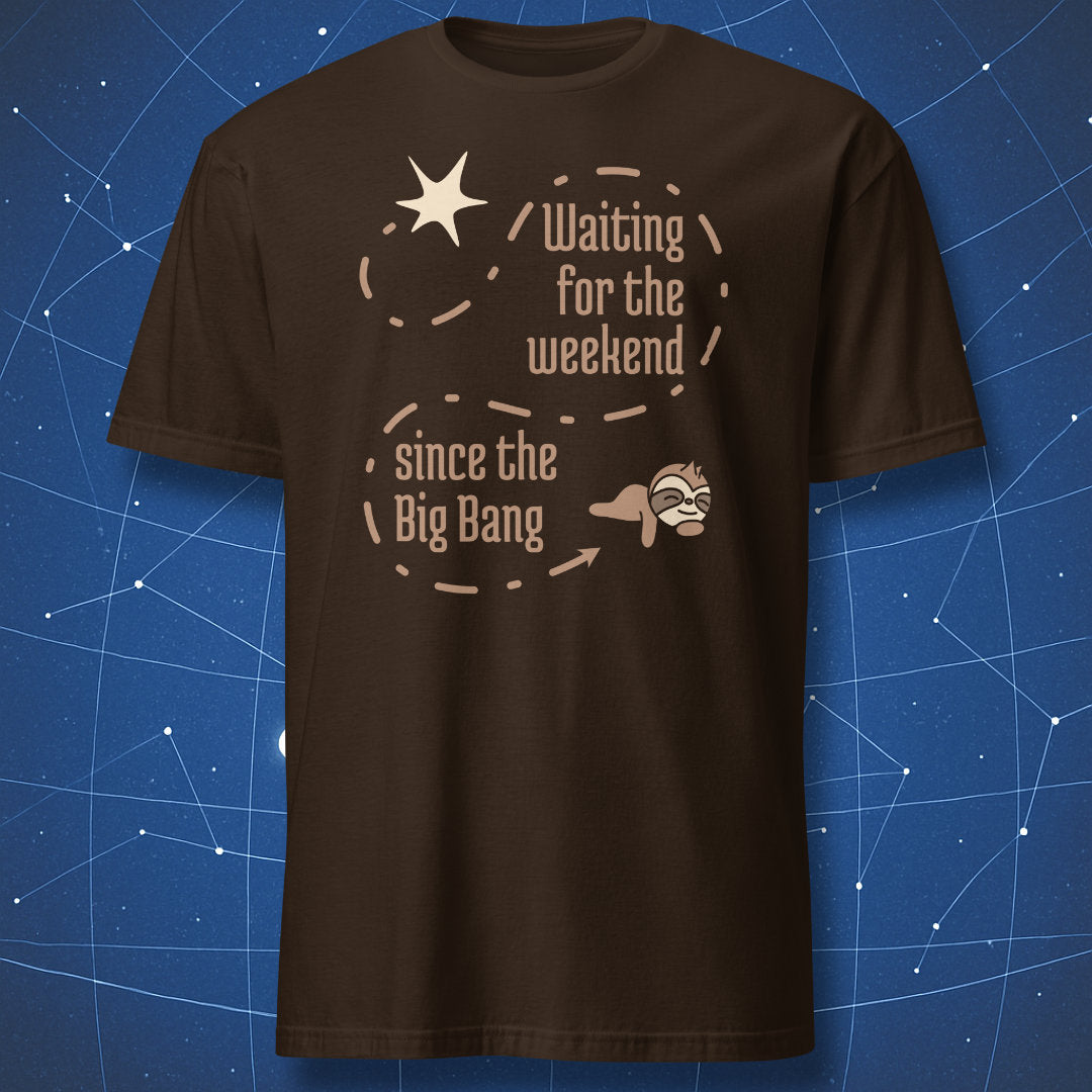 Dark brown t-shirt with a minimalist physics-themed illustration showing a dashed timeline from the Big Bang to a resting sloth and the text “Waiting for the weekend since the Big Bang.”