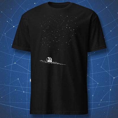 Black t-shirt with a white graphic on a blue starry background