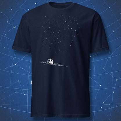 Navy blue t-shirt with a white graphic on a blue geometric patterned background