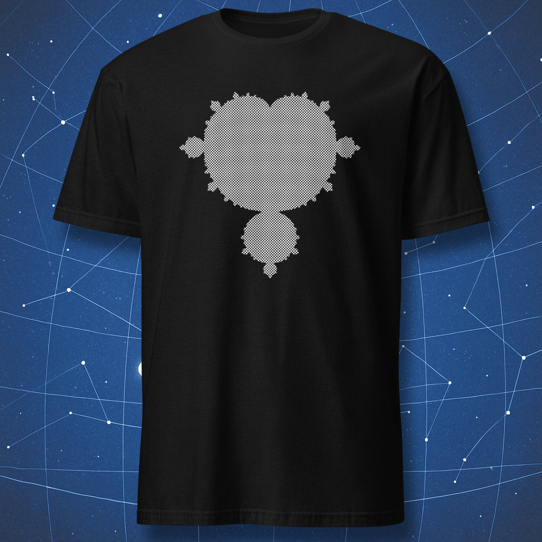 Mandelbrot set fractal minimalist math design printed in white on a black t-shirt