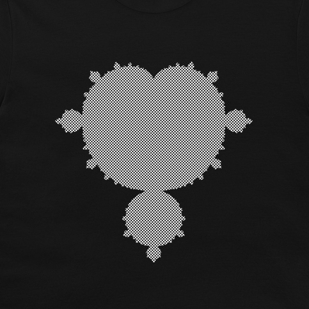 A black t-shirt featuring a white pixelated fractal design on the chest.