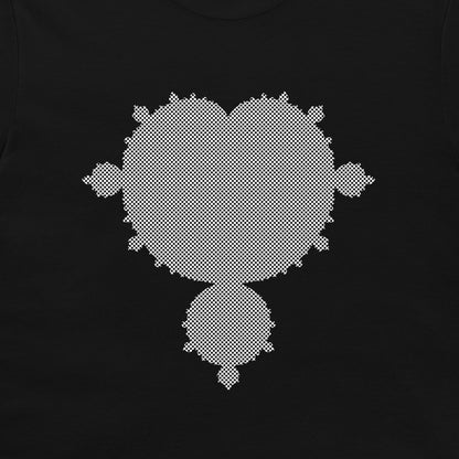 A black t-shirt featuring a white pixelated fractal design on the chest.