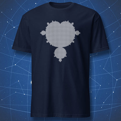 Mandelbrot set fractal minimalist math design printed in white on a navy blue t-shirt