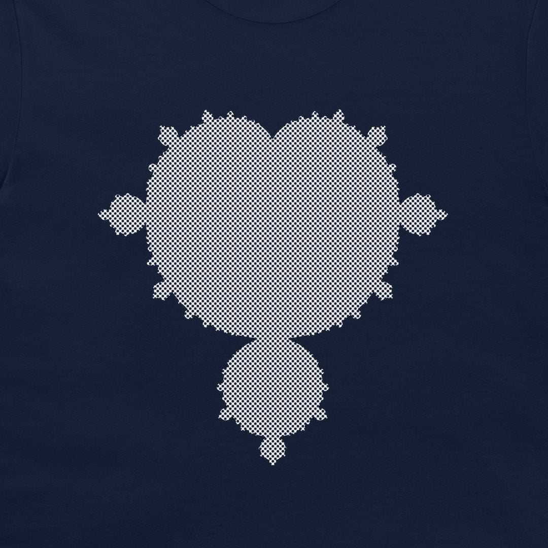 A dark navy blue t-shirt featuring a large, pixelated white fractal design in the center.