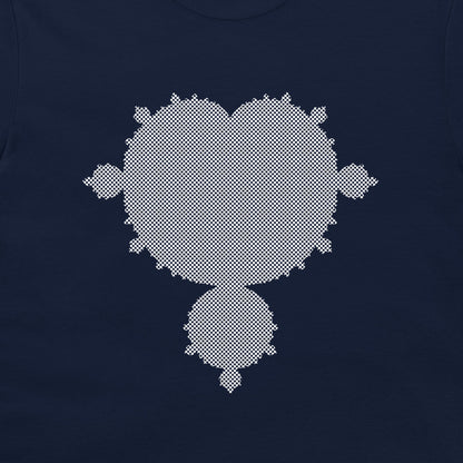 A dark navy blue t-shirt featuring a large, pixelated white fractal design in the center.