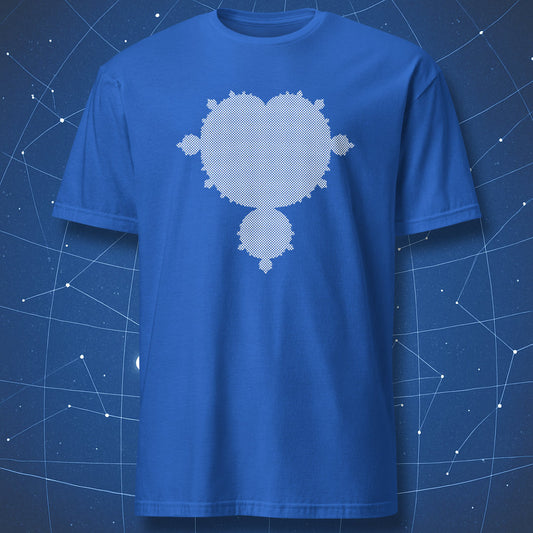 Mandelbrot set fractal minimalist math design printed in white on a blue t-shirt