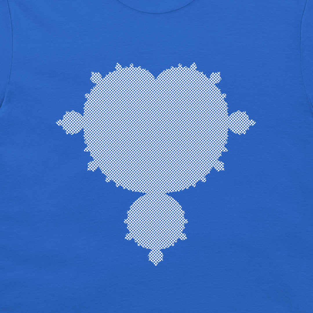 A close-up of a royal blue t-shirt, featuring a white pixelated fractal design on the chest.