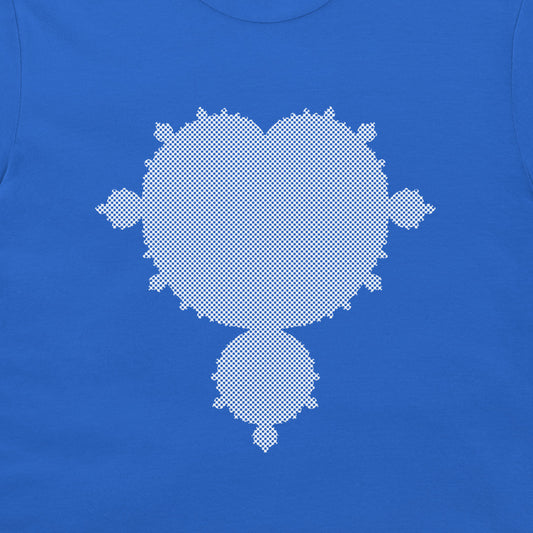 A close-up of a royal blue t-shirt, featuring a white pixelated fractal design on the chest.