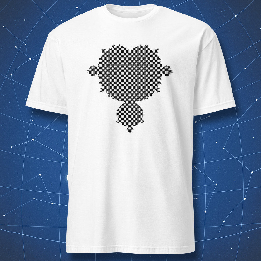 Mandelbrot set fractal minimalist math design printed in black on a white t-shirt