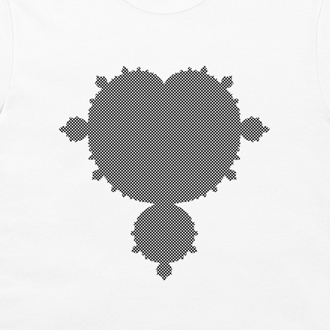 A white crewneck t-shirt featuring a black pixelated fractal design on the chest, displayed on a clean white background.