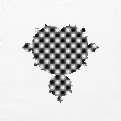 A white crewneck t-shirt featuring a black pixelated fractal design on the chest, displayed on a clean white background.