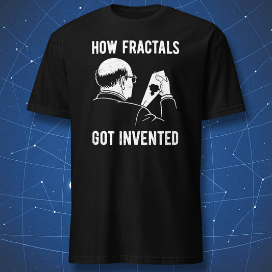 Black T-shirt with minimalist illustration showing how fractals got invented, inspired by chaos theory and fractal geometry.