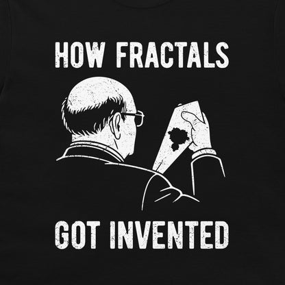 A black graphic print featuring a white distressed illustration of a man holding his stained tie, with the text 'HOW FRACTALS GOT INVENTED' in white above and below.